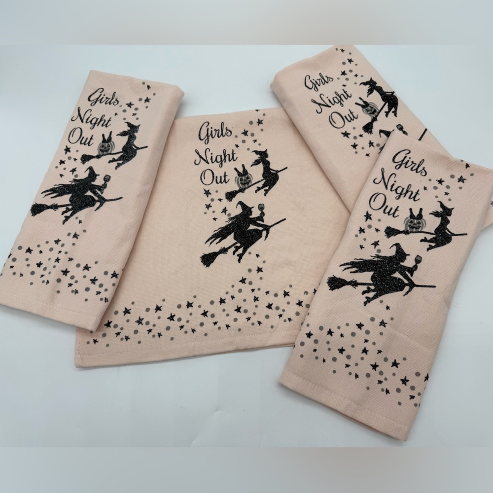 Girls Night Out" design with a Halloween theme, depicting witches 4pc towels
